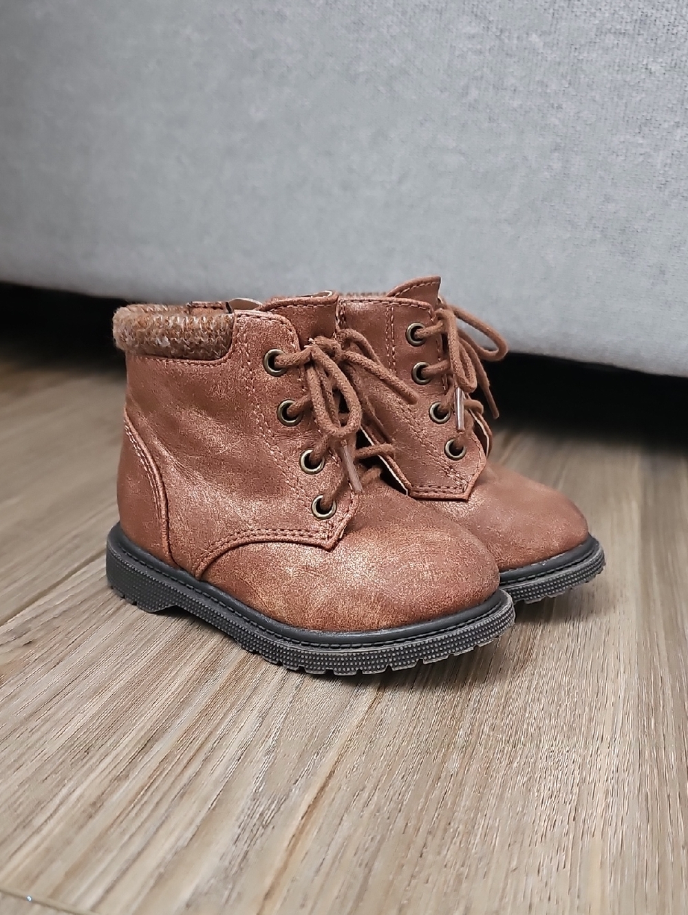 Wonder Nation Brown Lace-Up Faux-Leather Kids Combat Boots